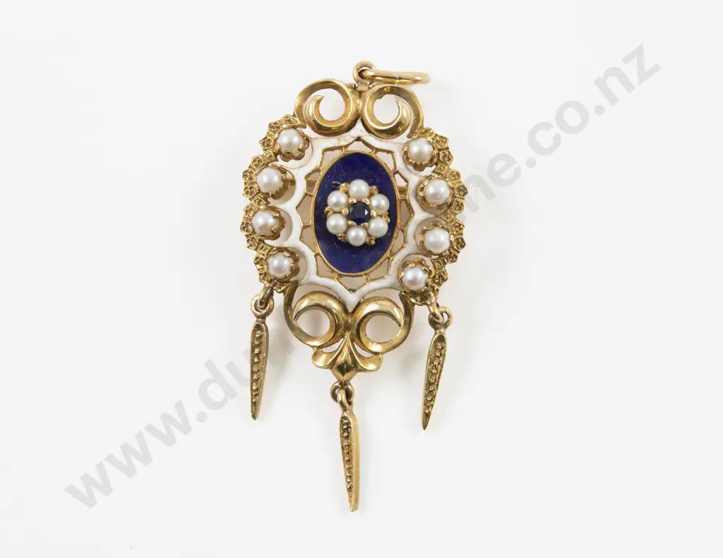 Victorian 18ct Enamel Sapphire and Pearl Pendant Image 1++