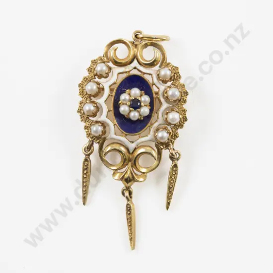 Victorian 18ct Enamel Sapphire and Pearl Pendant