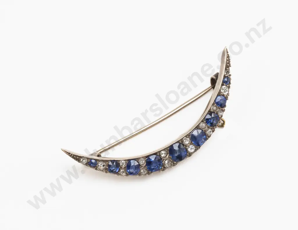 Edwardian 9ct 25Stone Diamond and Sapphire Crescent Brooch Image 1++
