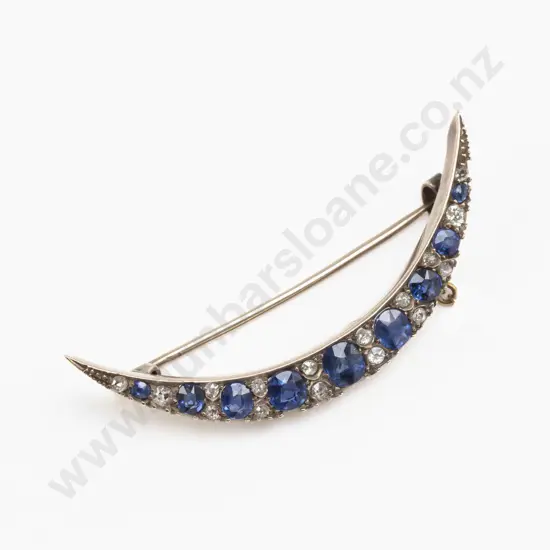 Edwardian 9ct 25Stone Diamond and Sapphire Crescent Brooch