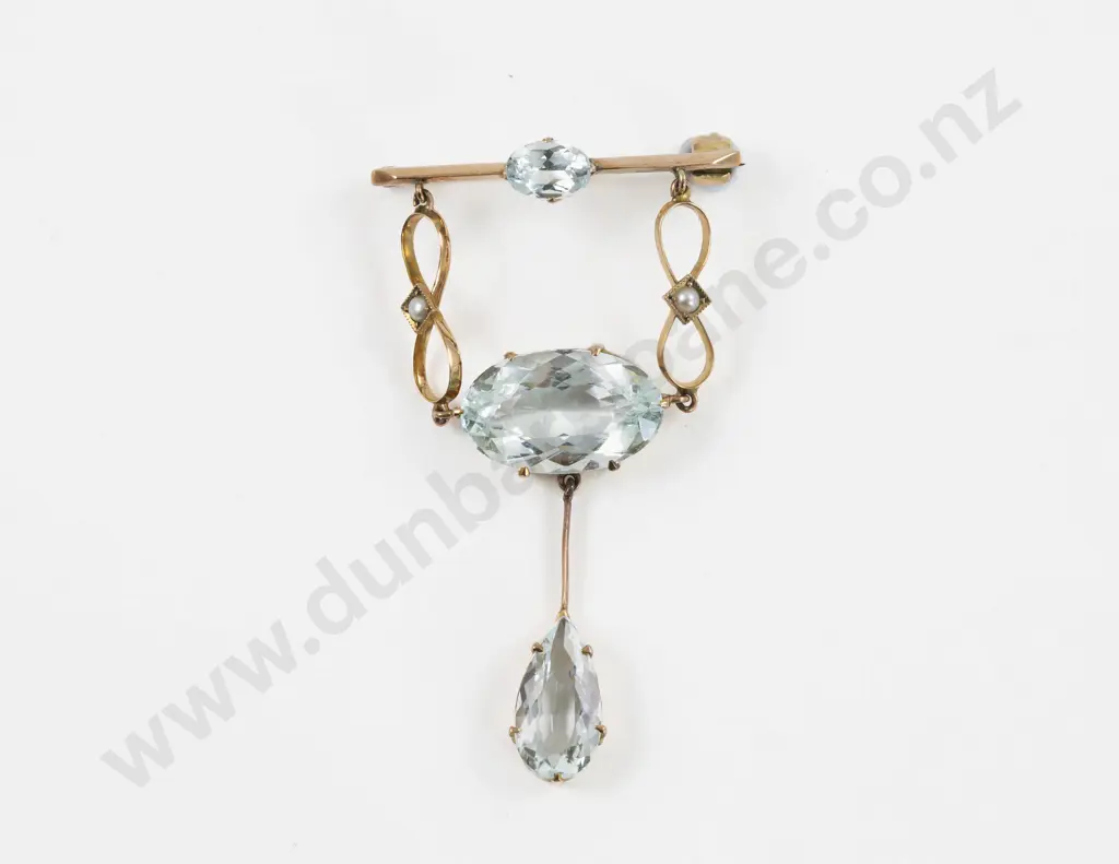 Victorian 9ct Three Stone Aquamarine Pendant Drop Bar Brooch Image 1++