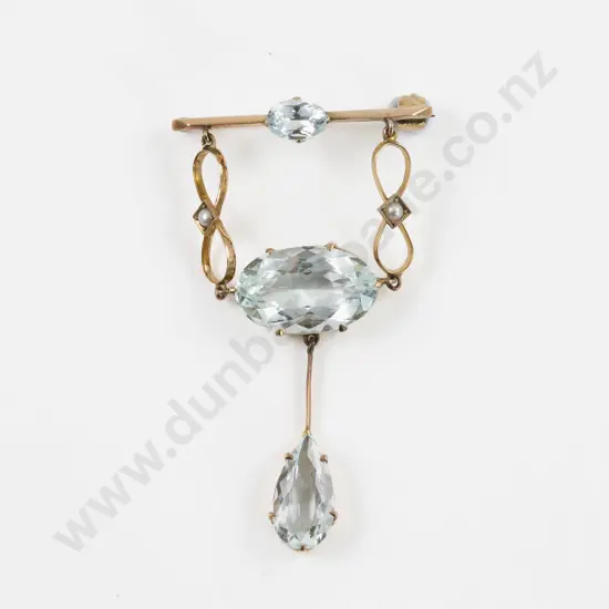 Victorian 9ct Three Stone Aquamarine Pendant Drop Bar Brooch