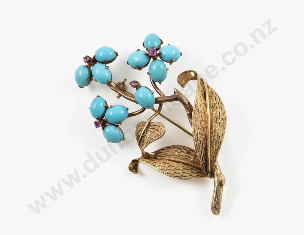 Vintage 18ct 15Stone Ruby and Turquoise Flower Brooch Image 1++