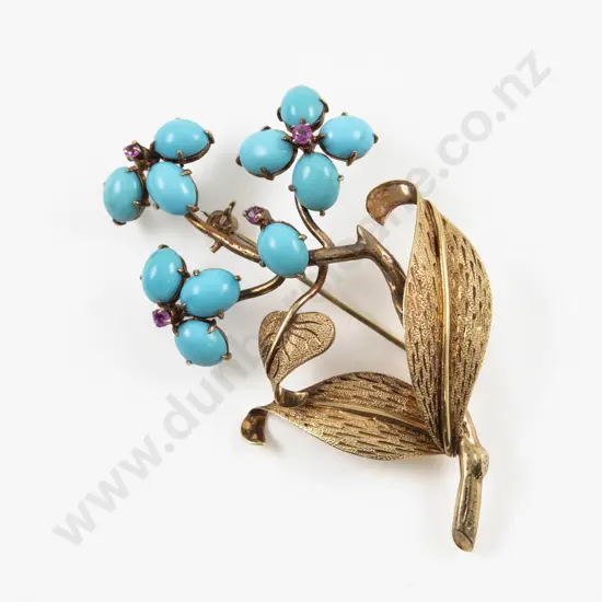 Vintage 18ct 15Stone Ruby and Turquoise Flower Brooch
