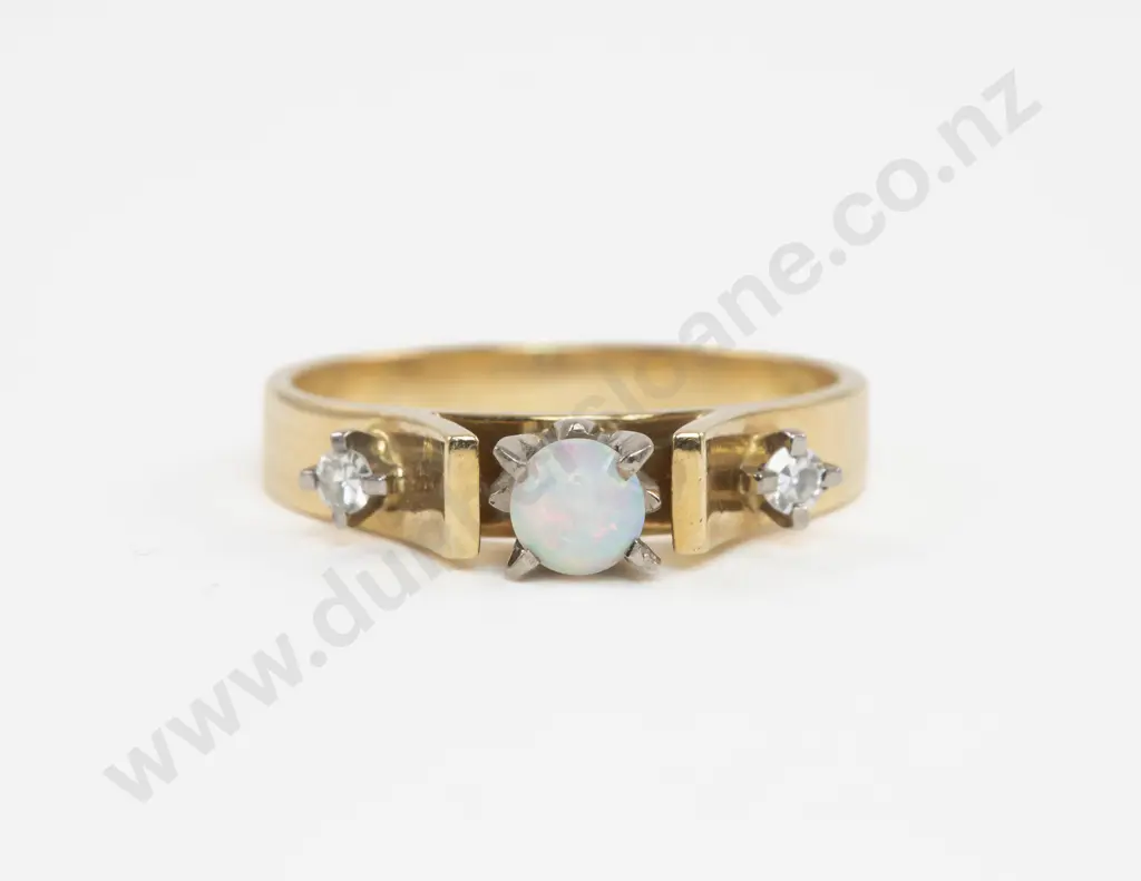 18ct Three Stone Diamond and Opal Dress Ring Image 1++