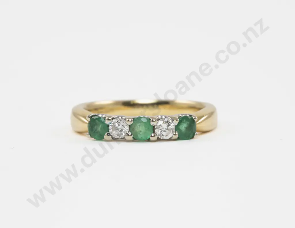 18ct Five Stone Diamond and Emerald Bridge Ring Image 1++
