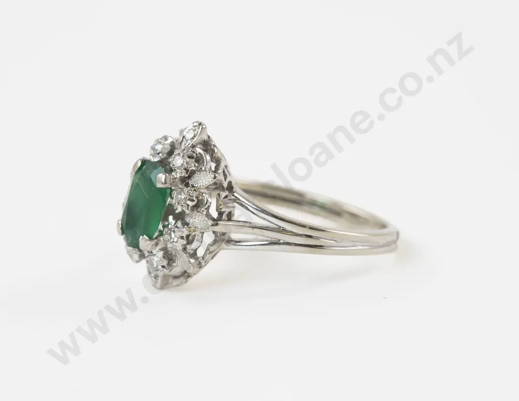 18ct White Gold Eleven Stone Diamond and Chrysoprase Cluster Ring Image 1++