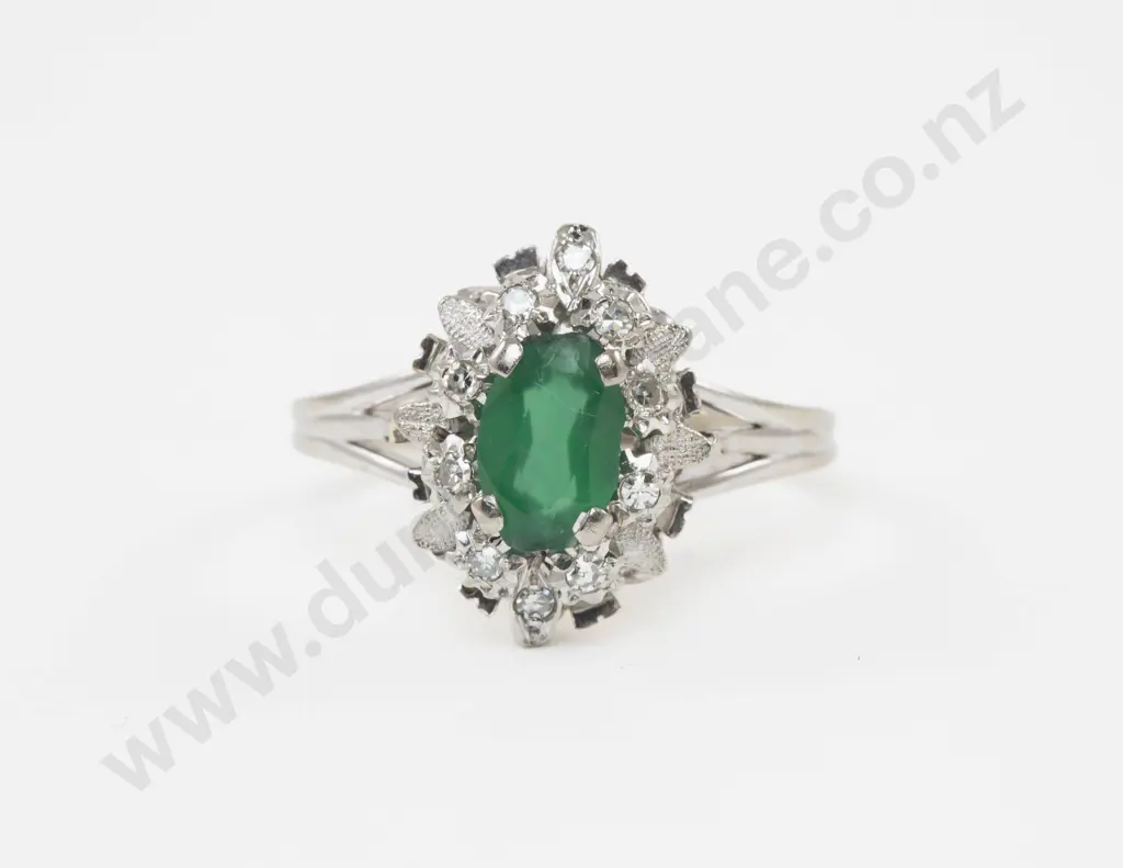 18ct White Gold Eleven Stone Diamond and Chrysoprase Cluster Ring Image 1++