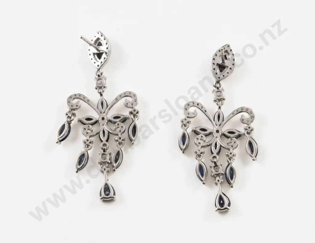 Pair 14ct White Gold 48Stone Diamond and Sapphire Chandelier Style Earrings Image 1++