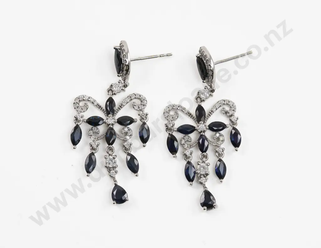 Pair 14ct White Gold 48Stone Diamond and Sapphire Chandelier Style Earrings Image 1++