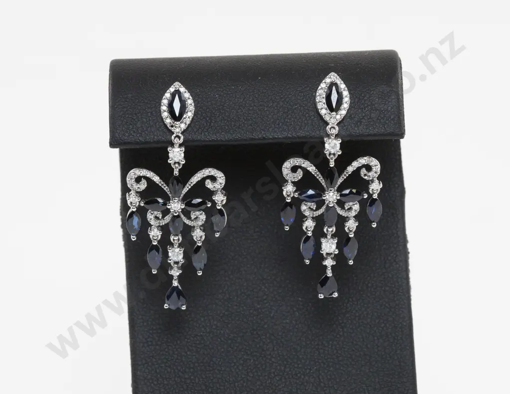 Pair 14ct White Gold 48Stone Diamond and Sapphire Chandelier Style Earrings Image 1++