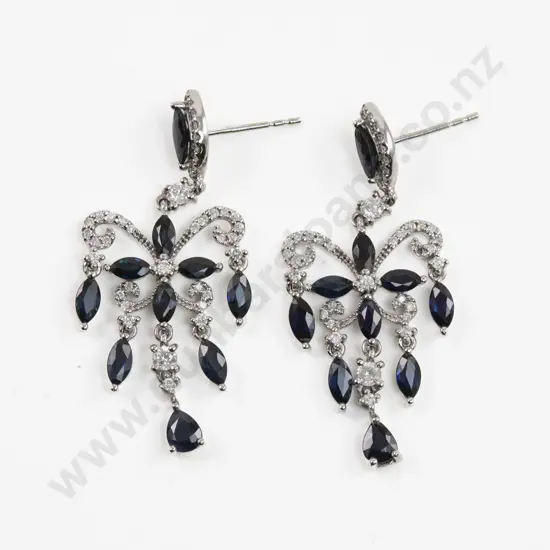 Pair 14ct White Gold 48Stone Diamond and Sapphire Chandelier Style Earrings