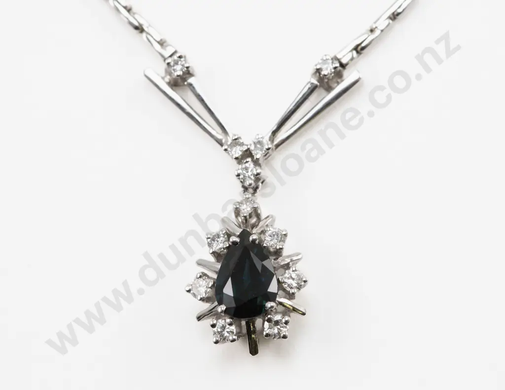 14ct White Gold 13Stone Diamond and Sapphire Cluster Pendant Image 1++