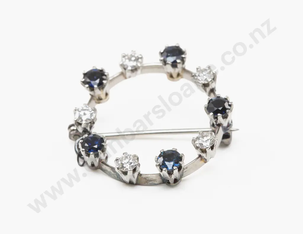 18ct White Gold Ten Stone Diamond and Sapphire Brooch Image 1++