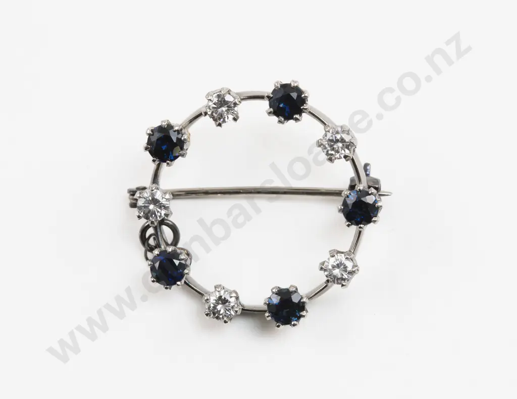 18ct White Gold Ten Stone Diamond and Sapphire Brooch Image 1++