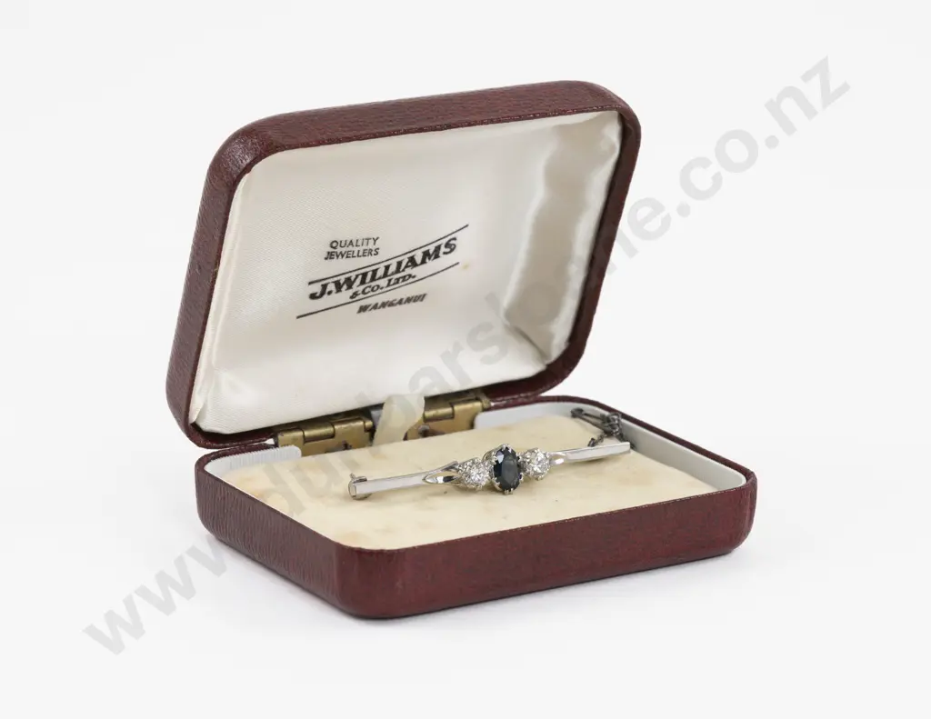 18ct White Gold Three Stone Diamond and Sapphire Bar Brooch Image 1++