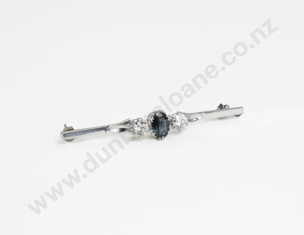 18ct White Gold Three Stone Diamond and Sapphire Bar Brooch Image 1++