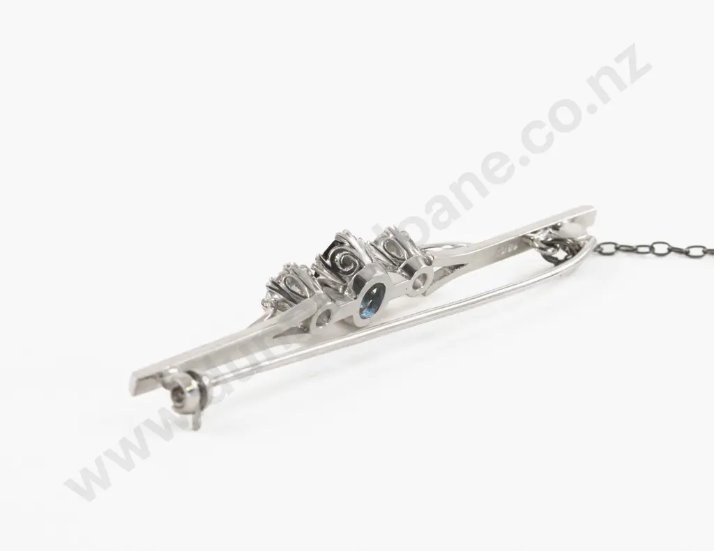 18ct White Gold Three Stone Diamond and Sapphire Bar Brooch Image 1++