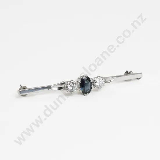 18ct White Gold Three Stone Diamond and Sapphire Bar Brooch