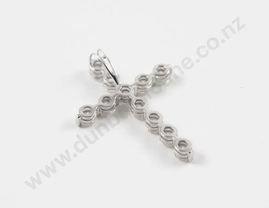 14ct White Gold Eleven Stone Diamond Cross Pendant Image 1++