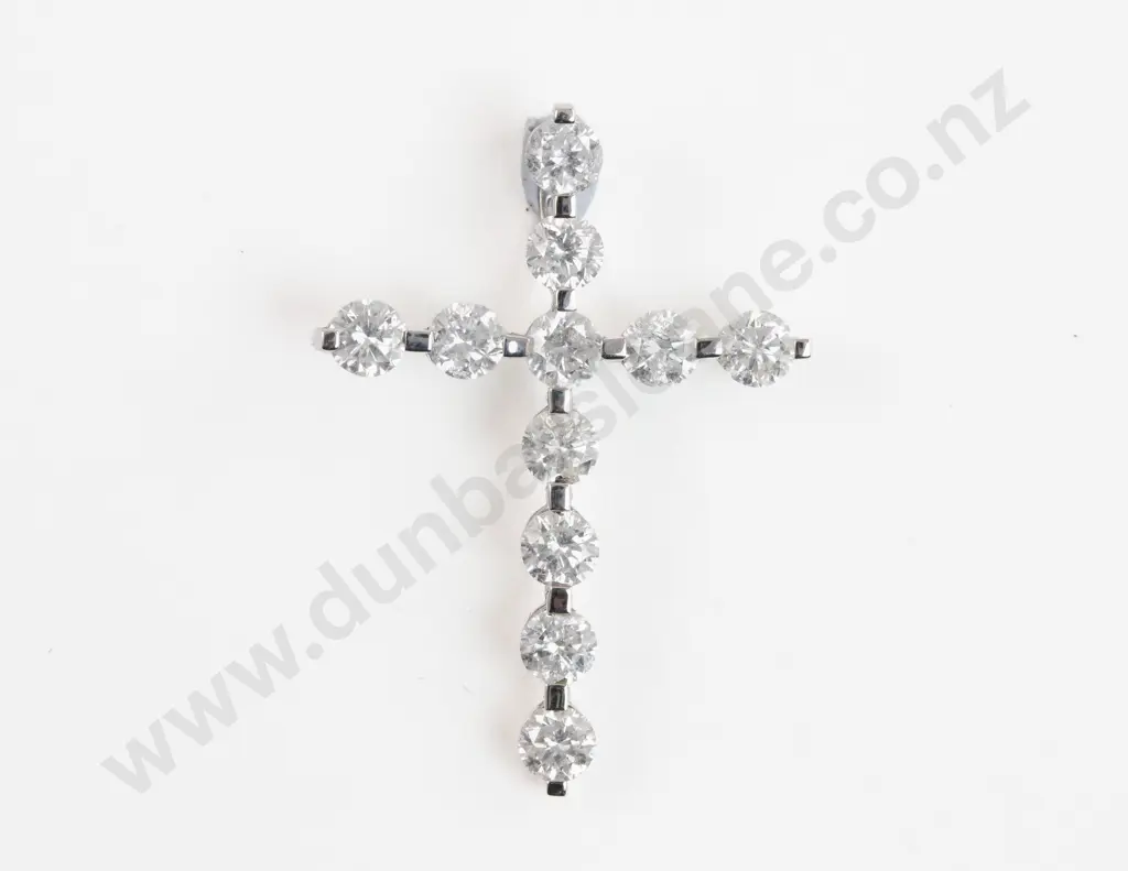 14ct White Gold Eleven Stone Diamond Cross Pendant Image 1++