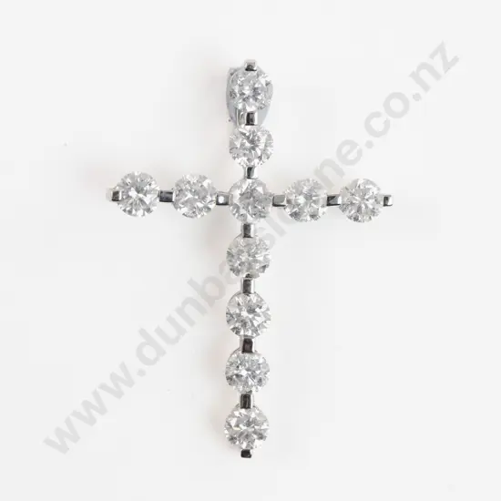 14ct White Gold Eleven Stone Diamond Cross Pendant