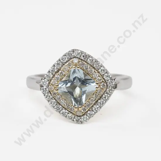 14ct White and Yellow Gold 51Stone Diamond and Aquamarine Cluster Ring