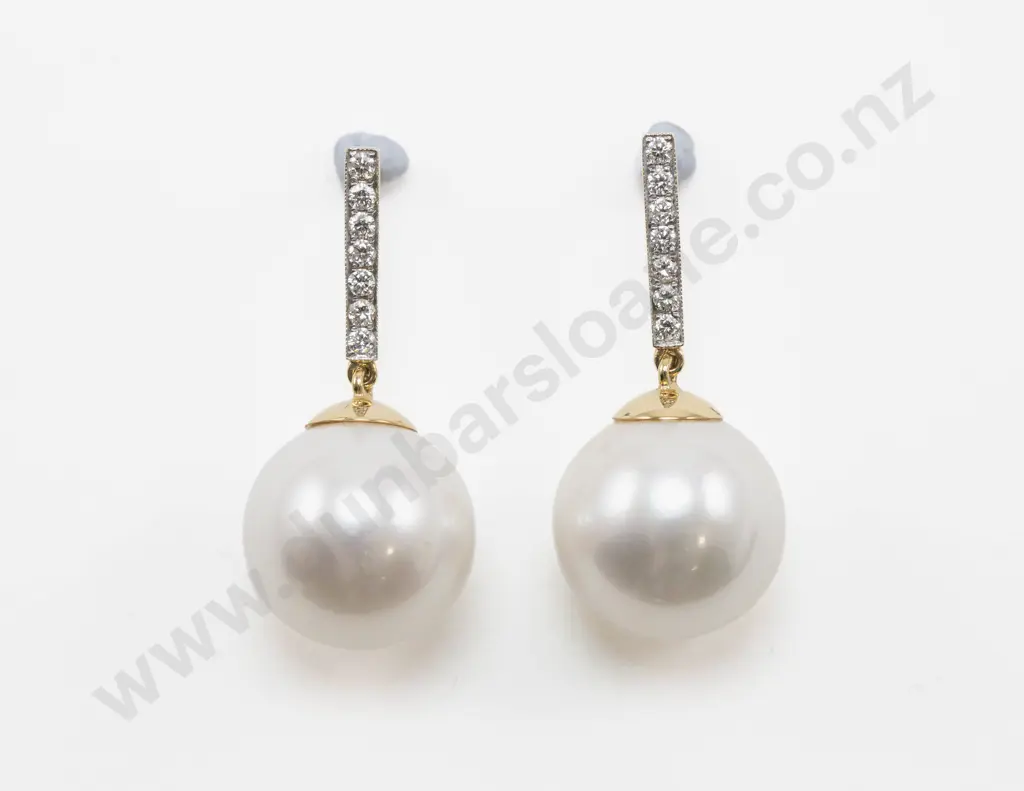 Pair 18ct South Sea Cultured Pearl and Diamond Pendant Drop Earrings Image 1++