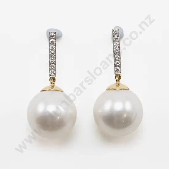 Pair 18ct South Sea Cultured Pearl and Diamond Pendant Drop Earrings