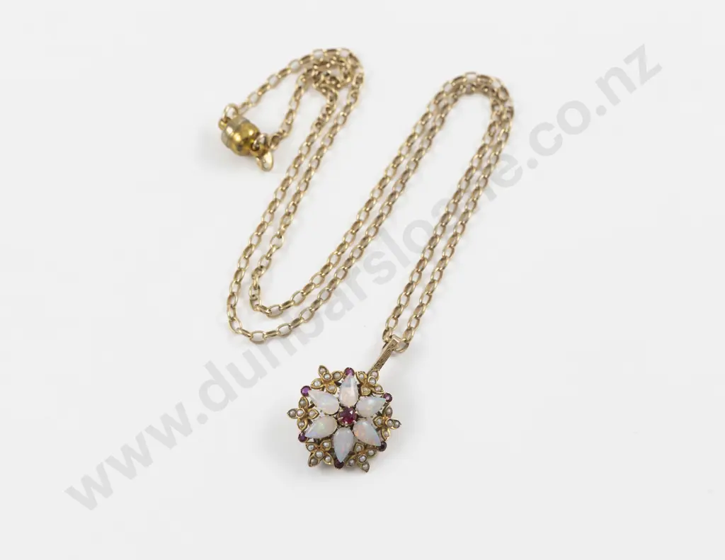 Vintage 9ct 43Stone Ruby Opal and Seed Pearl Cluster Pendant Image 1++