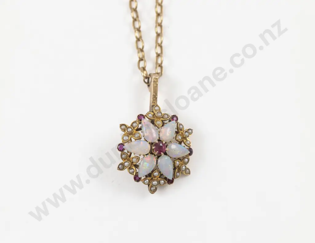 Vintage 9ct 43Stone Ruby Opal and Seed Pearl Cluster Pendant Image 1++