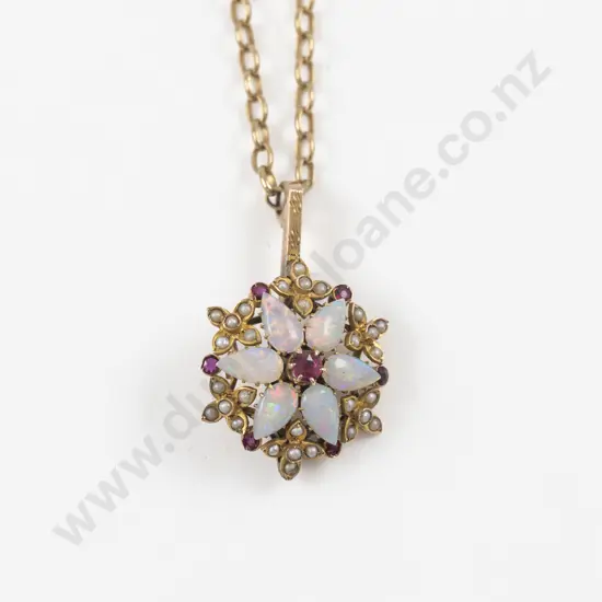 Vintage 9ct 43Stone Ruby Opal and Seed Pearl Cluster Pendant
