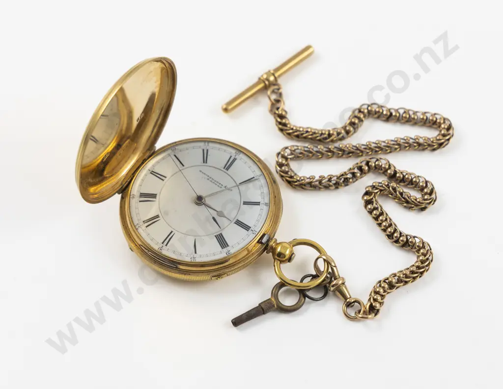 Harinsworth & Co London 18ct Hunter Case Key Wind Pocket Watch on 15ct Albert Chain Image 1++