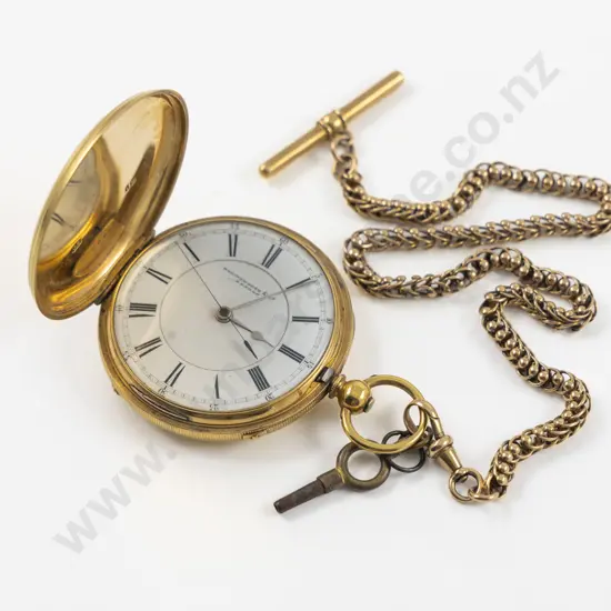 Harinsworth & Co London 18ct Hunter Case Key Wind Pocket Watch on 15ct Albert Chain