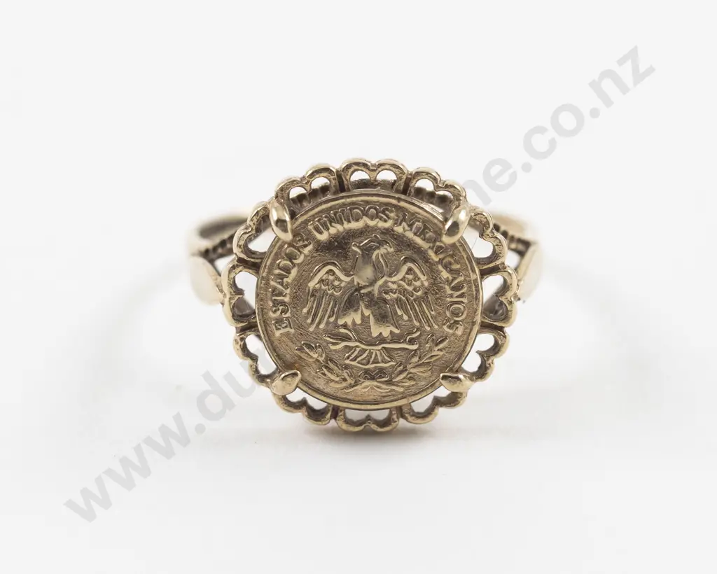 Vintage 9ct Mounted Two Peso Gold Coin Ring Image 1++