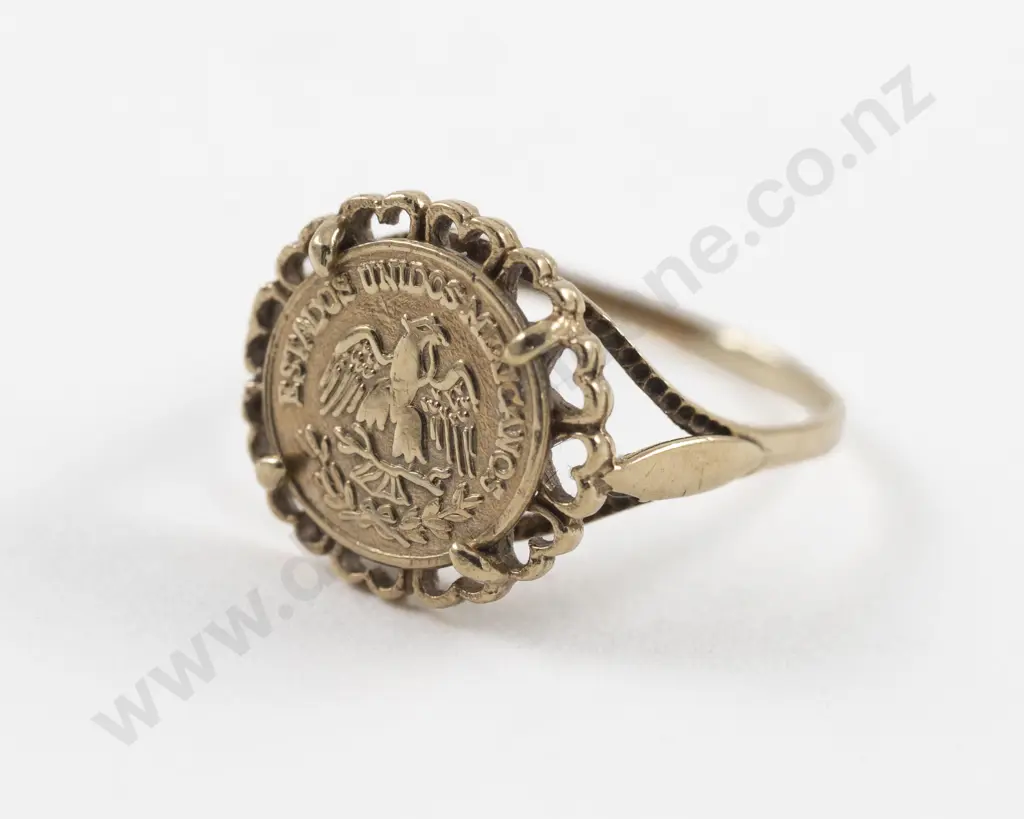 Vintage 9ct Mounted Two Peso Gold Coin Ring Image 1++