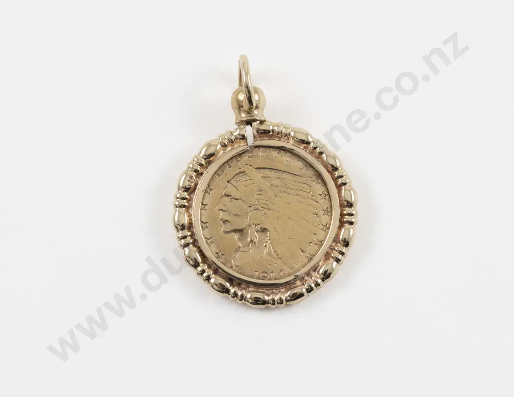 9ct Mounted 1914 (USA) Indian Head Two Dollar Fifty Gold Coin Pendant Image 1++