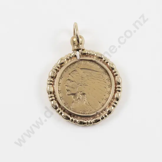 9ct Mounted 1914 (USA) Indian Head Two Dollar Fifty Gold Coin Pendant