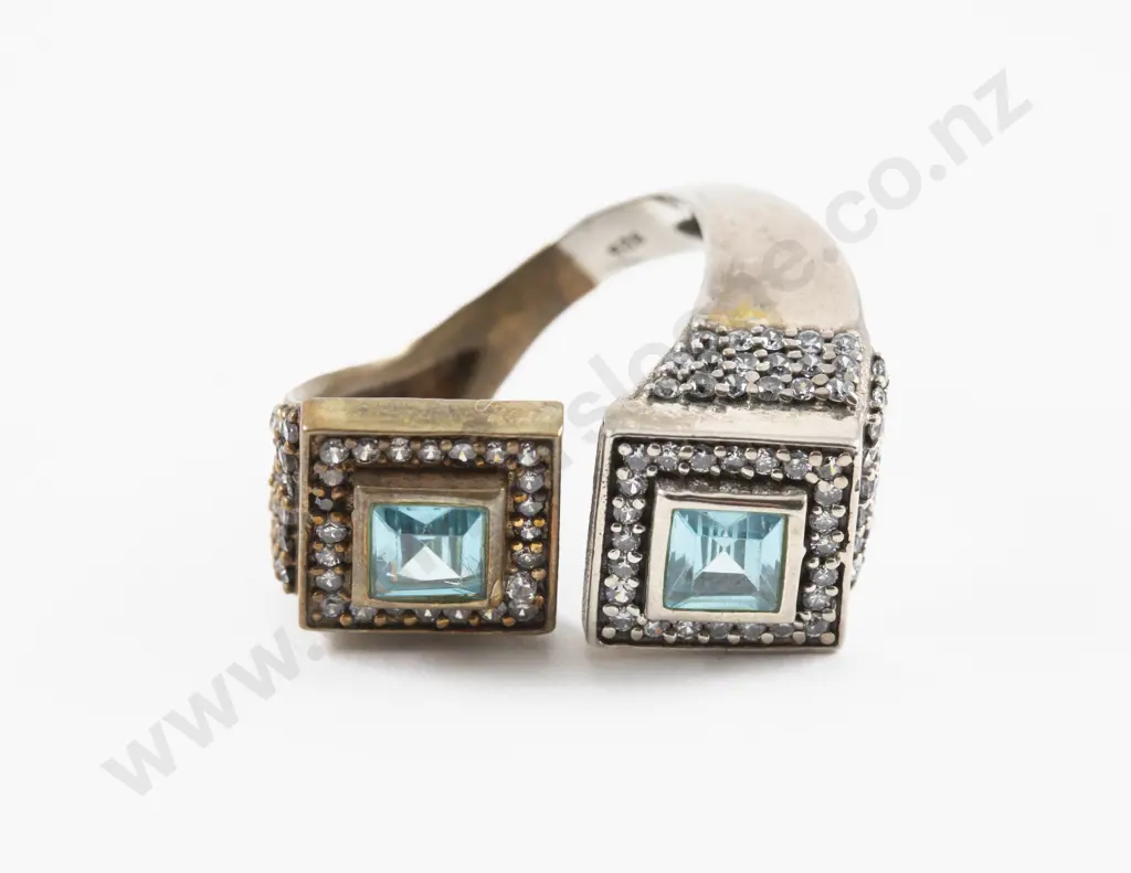 S/S and Gold Plated Blue Crystal and Cubic Zirconia Cocktail Ring Image 1++