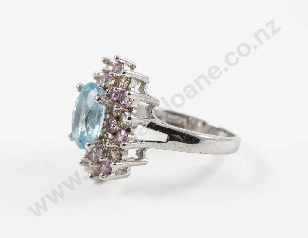 S/S 29Stone Pink Blue and Clear Crystal Cluster Ring Image 1++