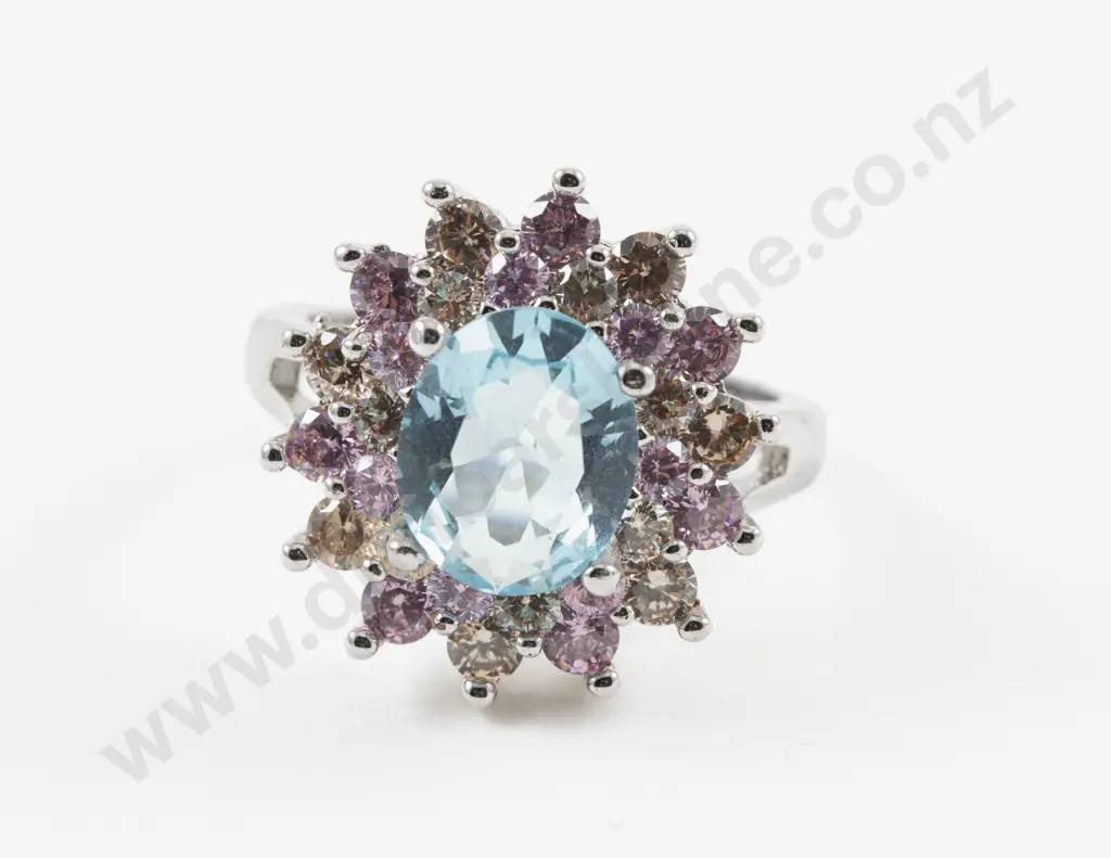 S/S 29Stone Pink Blue and Clear Crystal Cluster Ring Image 1++