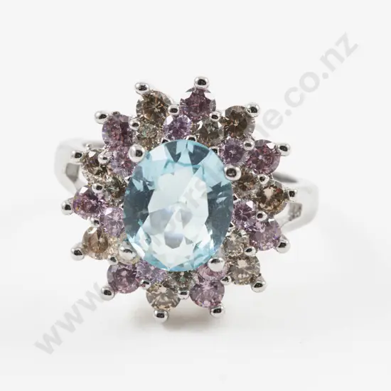 S/S 29Stone Pink Blue and Clear Crystal Cluster Ring