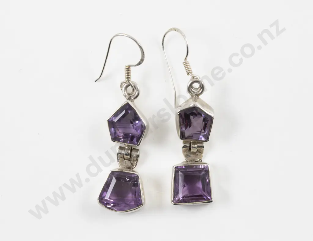 Pair S/S Two Stone Amethyst Pendant Drop Earrings Image 1++