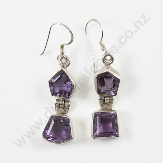 Pair S/S Two Stone Amethyst Pendant Drop Earrings