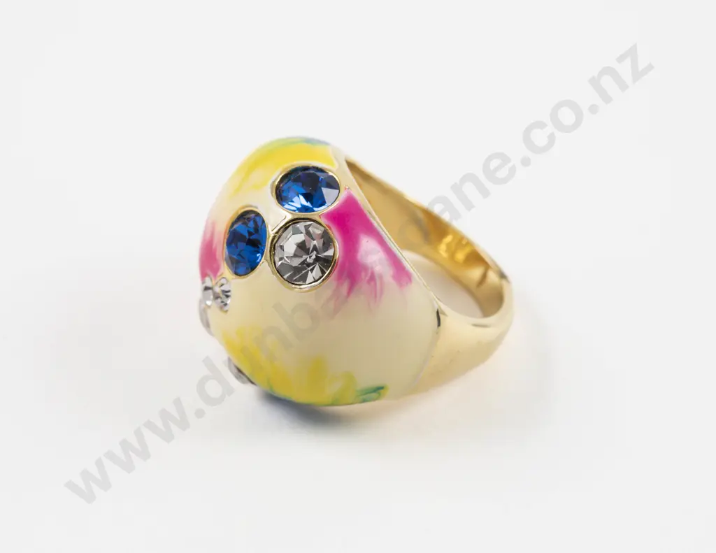 Gold Plated Seven Stone Blue and Clear Crystal Chunky Dome Cocktail Ring Image 1++