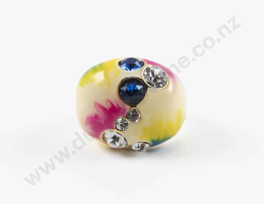 Gold Plated Seven Stone Blue and Clear Crystal Chunky Dome Cocktail Ring Image 1++
