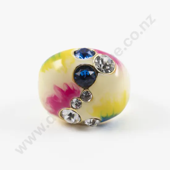 Gold Plated Seven Stone Blue and Clear Crystal Chunky Dome Cocktail Ring