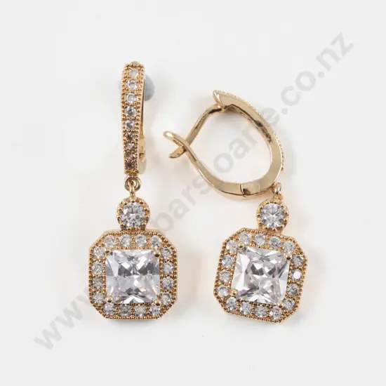 Pair Gold Plated Clear Crystal Pendant Drop Earrings