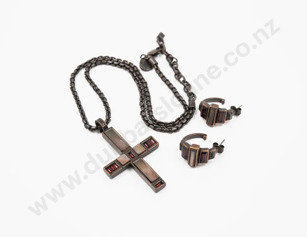 Dyrberg Kern Cross Pendant on Neck Chain with Pair Earrings Image 1++