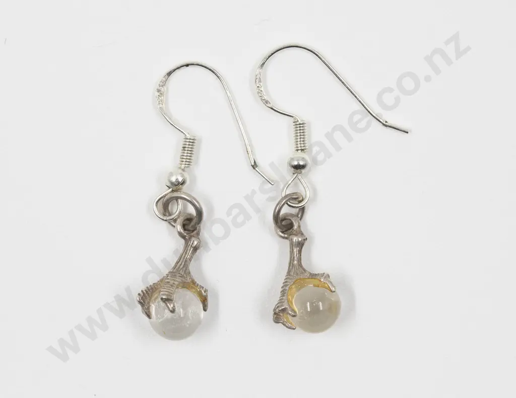 Pair S/S Single Clear Quartz Bead Eagle Claw Pendant Drop Earrings Image 1++